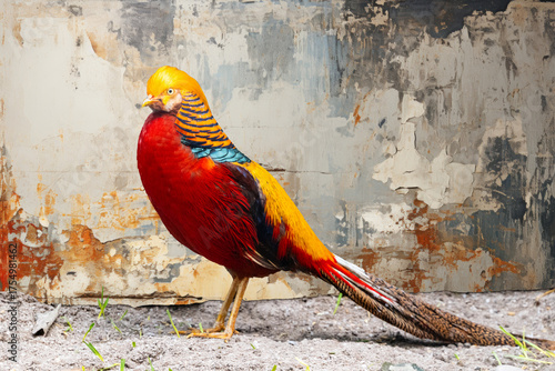Golden pheasant in vivid colours like red and yellow outdoors