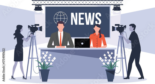 News broadcast studio with presenters and cameras