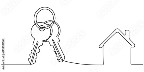 Elegant continuous line drawing of keys and house symbolizing home ownership and security vector