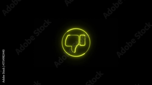 Abstract social media dislike yellow colors on black background, bright neon lines hand thumb down icon isolated animated.