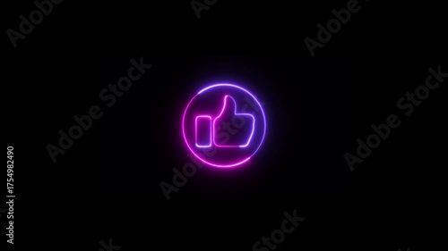Abstract social media like purple and blue colors on black background, Glowing neon line Hand thumb up icon isolated Animated.