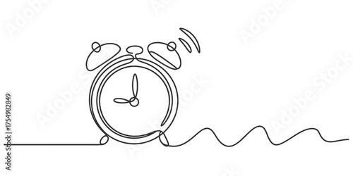 Continuous one line drawing of a vintage alarm clock ringing with a wavy cord vector