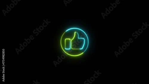 Abstract social media like yellow and cyan colors on black background, bright neon line hand thumb up icon isolated animated.