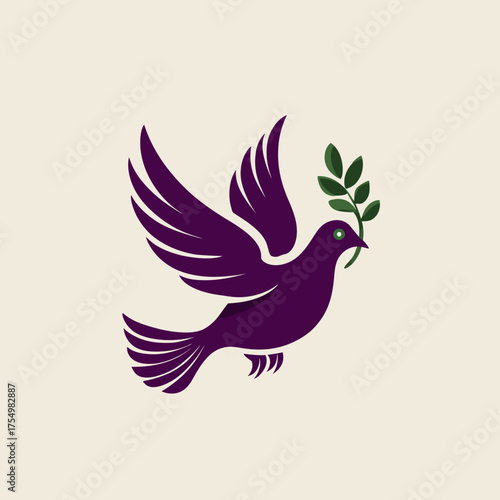 Stylized purple dove with olive branch against light background in simple graphic design