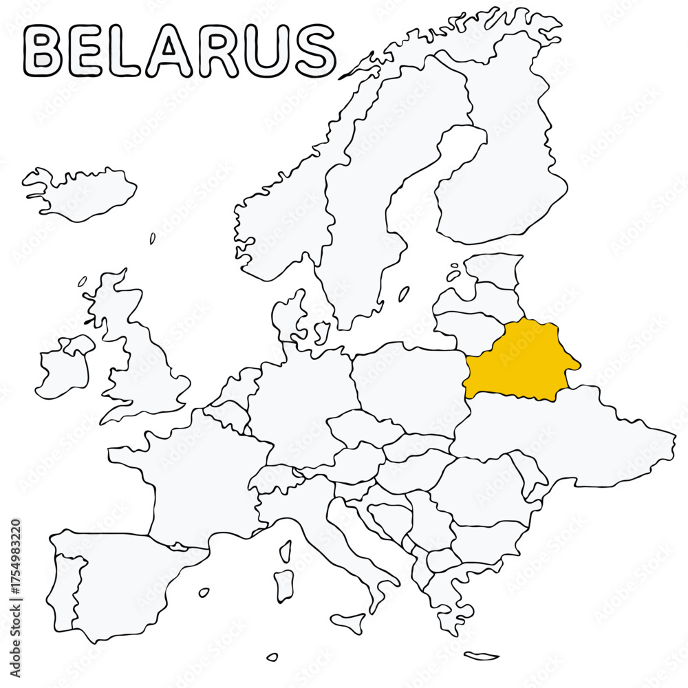Obraz premium BELARUS country highlighted in yellow on Europe continent map detailed vector illustration, for projects and presentation 