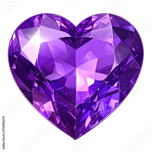 Heart-shaped gemstone, faceted with many surfaces, in shades of purple against black