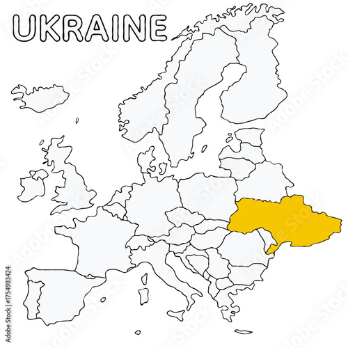 Ukraine country highlighted in yellow on Europe continent map detailed vector illustration, for projects and presentation	