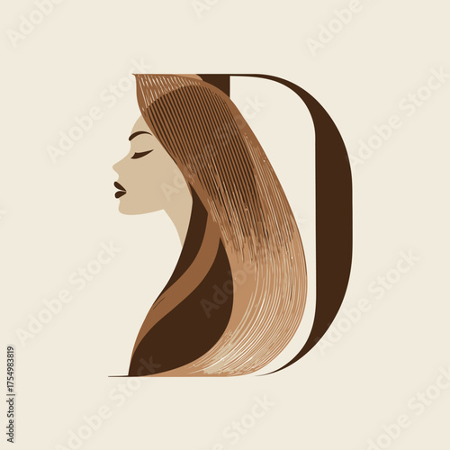Elegant woman's profile with long hair integrated into a letter "D", tan & brown tones