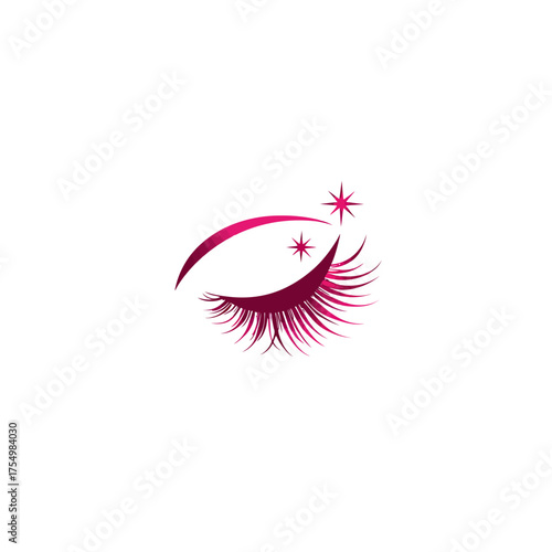 Stylized pink eye with long lashes and two starbursts, isolated on white background
