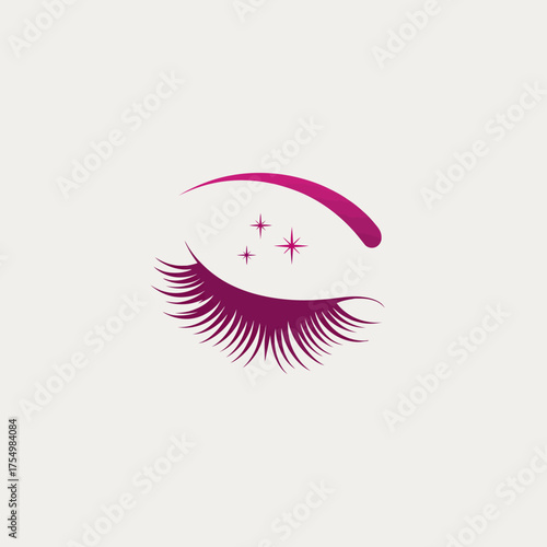 Stylized eye with violet brow and lashes, three shining stars, on a light background