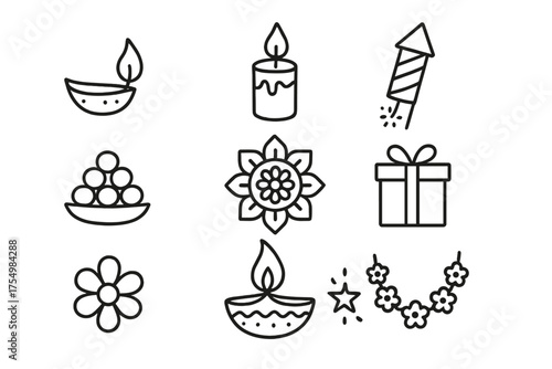 Diwali Doodle Icons. Diwali doodle icon set: hand drawn icons of lamp, candle, fireworks, sweets, rangoli, gift, flower, diya,