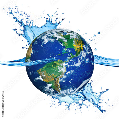 A planet Earth surrounded by a splash of clear water, set against a black background