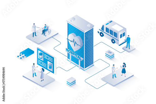 Medicine 3d isometric concept with isometry people design for web. Doctor doing patients diagnosis and treatment appointment in clinic, nurse helping in hospital and ambulance. Vector illustration.