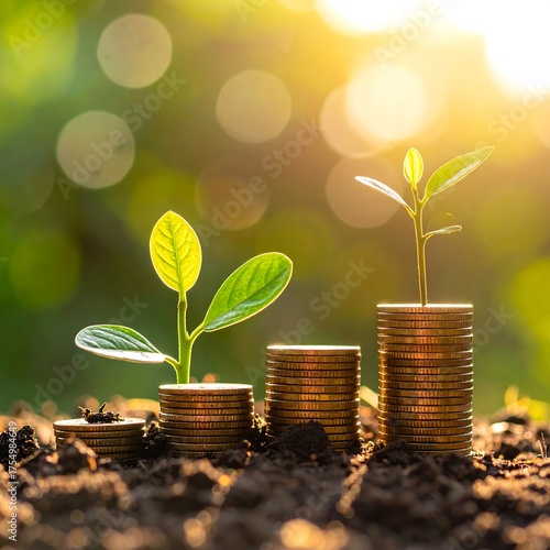 Rising stacks of coins sprouting leafy plants, symbolizing growth