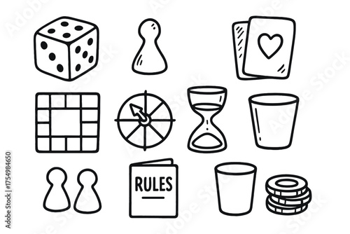 Board Game Icons. Board games doodle icon set: hand drawn icons of dice, pawn, card deck, board, spinner, hourglass, tokens, rule