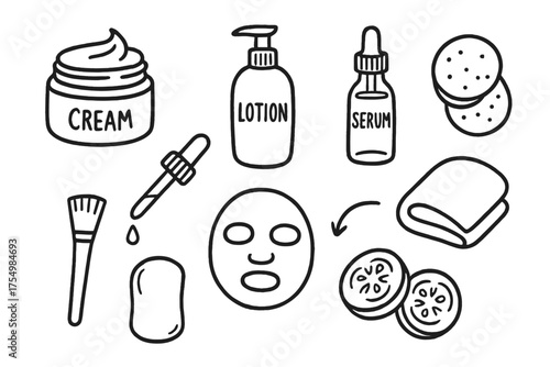 Skincare Doodle Icons. Skincare doodle icon set: hand drawn icons of cream jar, lotion, serum, dropper, cotton pads, sponge, brush