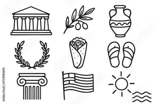 Greek Icon Doodle Set. Greece doodle icon set: hand drawn icons of Parthenon, olive branch, amphora, laurel wreath, gyro, sandals,