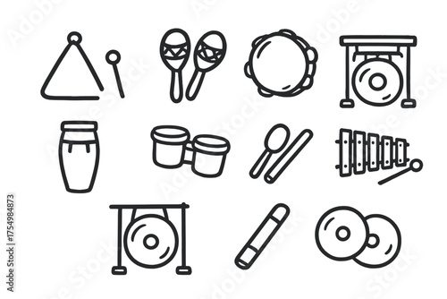 Percussion Instrument Doodles. Percussion doodle icon set: hand drawn icons of triangle, maracas, tambourine, xylophone, gong,