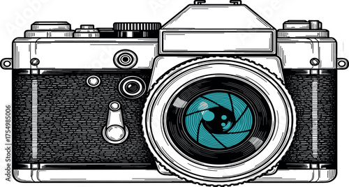 Vintage camera with a diaphragm in the lens, symbolizing photography and creativity