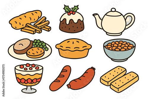 British Food Icons. British food doodle icon set: hand drawn icons of fish and chips, pudding, scone, tea pot, roast dinner, pie,