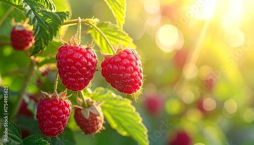 Ripe red berries hang from a branch in warm sunlight