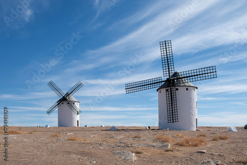 Two windmills in Campo de Criptana, Ciudad Real province, Spain.