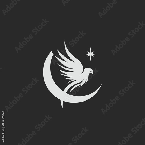 Stylized image of a bird taking flight from a crescent moon, with star above