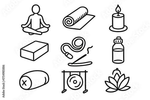 Yoga Icon Doodles. Yoga doodle icon set: hand drawn icons of lotus pose, yoga mat, candle, block, strap, incense, pillow, gong,