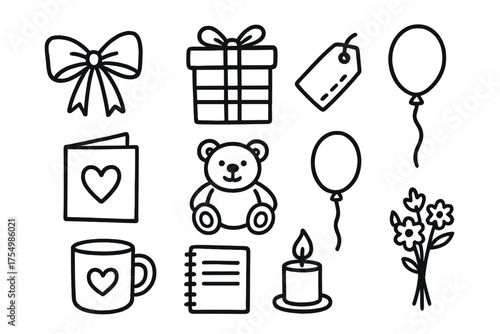 Gift Shop Icons. Gift shop doodle icon set: hand drawn icons of ribbon, box, tag, card, teddy bear, balloon, mug, notebook, candle