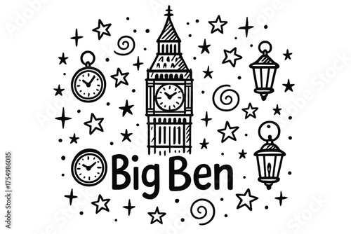 Big Ben Doodle. Doodle big ben with stars, clocks, and lanterns, center word “BigBen” in black and white isolated transparent