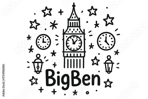 Big Ben Doodle. Doodle big ben with stars, clocks, and lanterns, center word “BigBen” in black and white isolated transparent