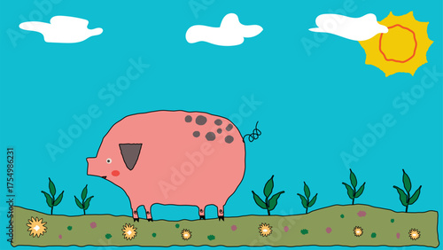 This charming hand-drawn sketch depicts a pig in a whimsical, childlike style. The simple lines and playful, naive look of the drawing convey the innocence and creativity of childhood.