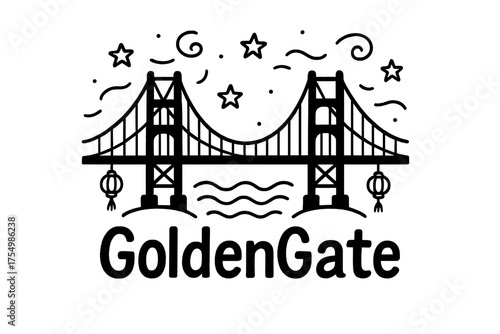 Golden Gate Doodle. Doodle golden gate bridge san francisco with stars, waves, and lanterns, center word “GoldenGate” in black and