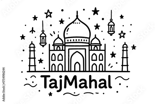 Doodle Taj Mahal. Doodle taj mahal agra with stars, domes, and lanterns, center word “TajMahal” in black and white isolated