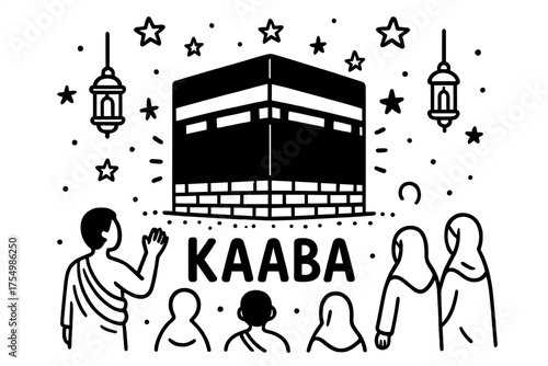 Kaaba Doodle with Lanterns. Doodle kaaba mecca with stars, lanterns, and pilgrims, center word “Kaaba” in black and white isolated