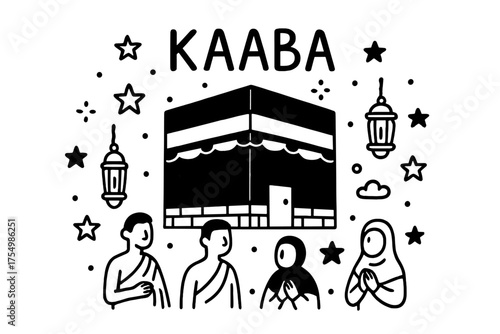 Kaaba Doodle with Lanterns. Doodle kaaba mecca with stars, lanterns, and pilgrims, center word “Kaaba” in black and white isolated