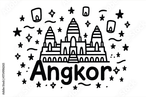 Angkor Wat Night Doodle. Doodle angkor wat cambodia with stars, temples, and lanterns, center word “Angkor” in black and white