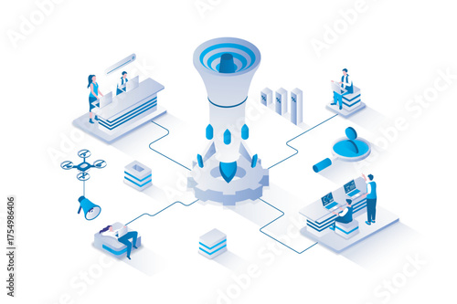 Outbound marketing 3d isometric concept with isometry people design for web. Team developing promotion strategy, making advertisement, attracting customers to buying product. Vector illustration.