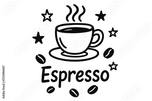 Espresso Doodle Art. Doodle espresso cup with stars, beans, and steam, center word “Espresso” in black and white isolated