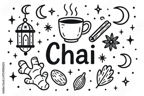 Moonlit Tea Doodles. Hand-drawn black tea with moons, sparkles, and biscuits, center word “BlackTea” in black and white isolated