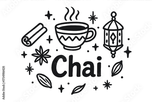 Moonlit Tea Doodles. Hand-drawn black tea with moons, sparkles, and biscuits, center word “BlackTea” in black and white isolated