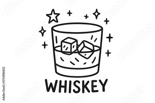 Whiskey Glass Doodle. Doodle whiskey glass with stars, ice cubes, and sparkles, center word “Whiskey” in black and white isolated
