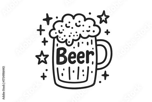 Doodle Beer Pint. Doodle beer pint with stars, foam, and sparkles, center word “Beer” in black and white isolated transparent