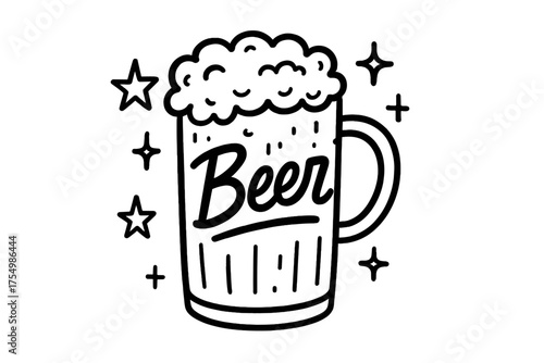 Doodle Beer Pint. Doodle beer pint with stars, foam, and sparkles, center word “Beer” in black and white isolated transparent