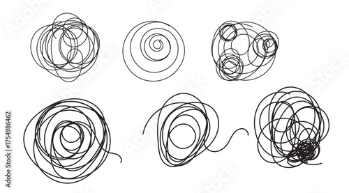 Black chaotic lines and scribbles showcase the concepts of chaos, confusion, and brainstorming, emphasizing the complexity and unorganized nature of thoughts and ideas on a white backdrop