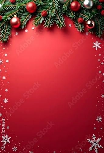Vertical and horizontal Christmas template with decorated pine branch and snowflakes. Copy space.