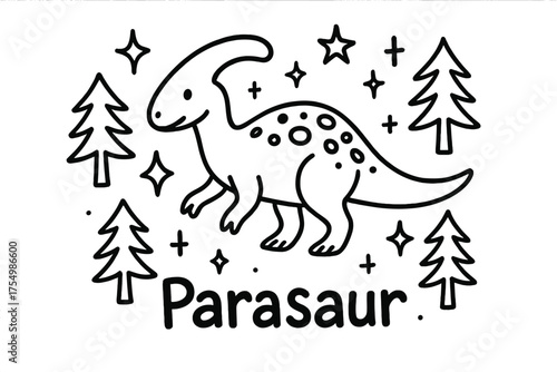 Parasaur Doodle Magic. Doodle parasaurolophus with stars, trees, and sparkles, center word “Parasaur” in black and white isolated