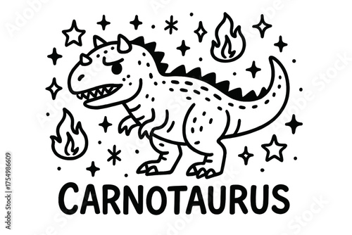 Carnotaurus Doodle Art. Doodle carnotaurus with stars, flames, and sparkles, center word “Carnotaurus” in black and white isolated
