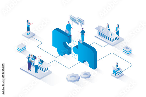 Partnership 3d isometric concept with isometry people design for web. Businessmen shaking hands and making business deal, cooperating on project with partners, synergy work. Vector illustration.