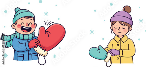 Children dressing for winter, cartoon seasonal scene, cheerful vs calm behavior, expressive emotion contrast, snowflake moment, mitten and coat illustration